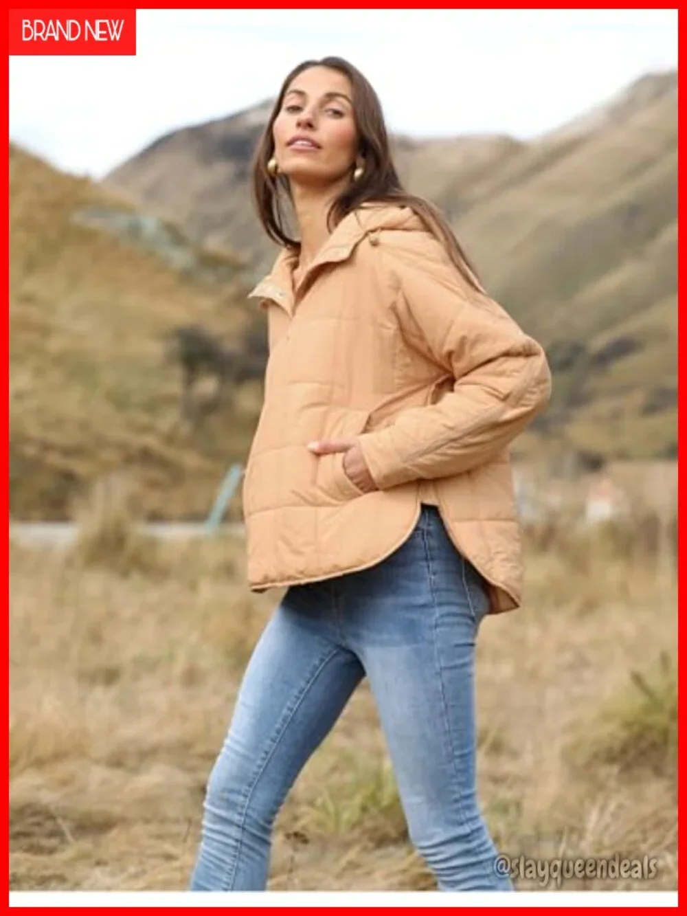 Nylon Pullover Puffer Jacket Quilted Dolman Sleeve Hooded Button Down